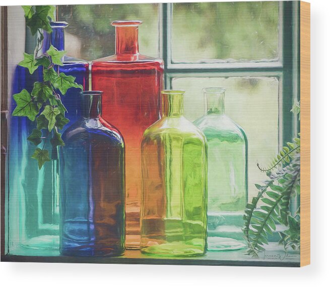 Blue Wood Print featuring the photograph Bottles in the Window by Teresa Wilson