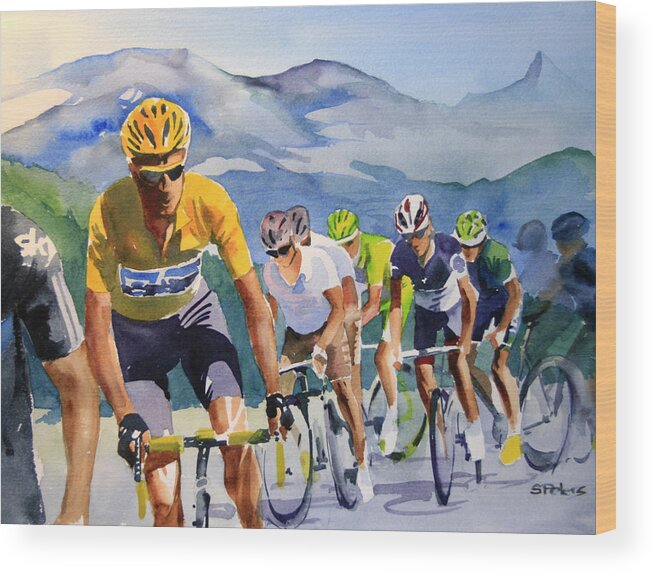 Le Tour De France Wood Print featuring the painting Brad Wiggins in Yellow by Shirley Peters