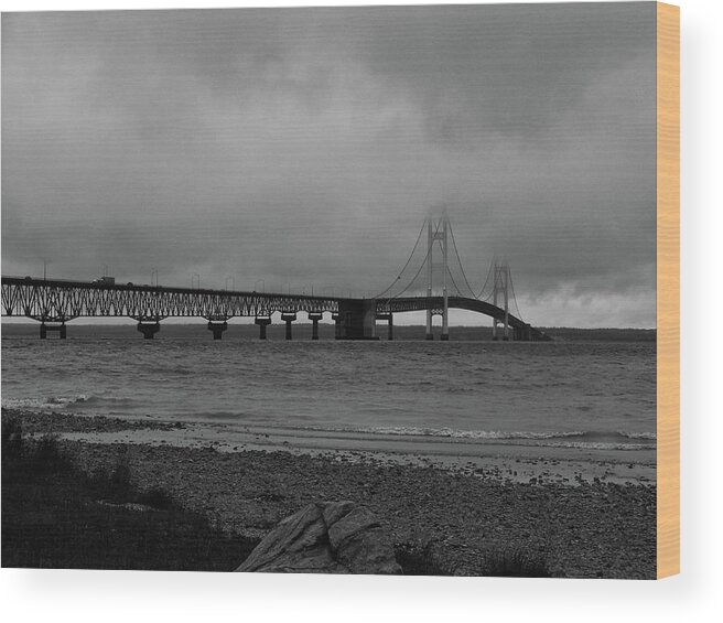 B&w Wood Print featuring the photograph Bridge in the Clouds mono by Rachel Cohen