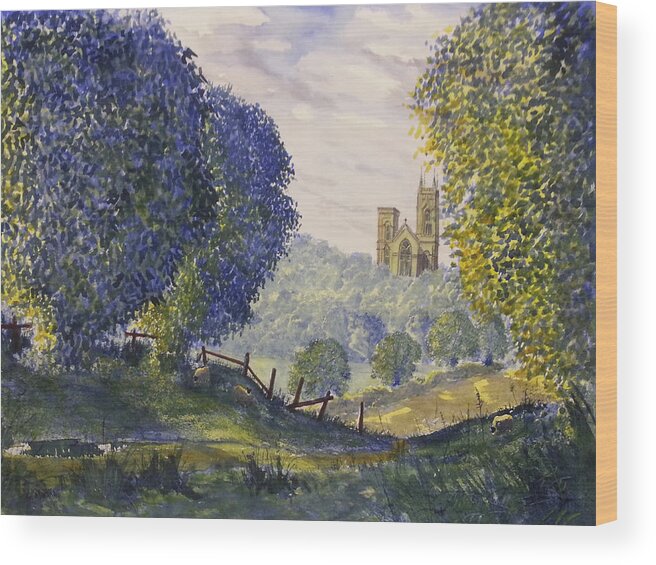 Glenn Marshall Yorkshire Artist Wood Print featuring the painting Bridlington Priory from Woldgate on the Hockney Trail by Glenn Marshall