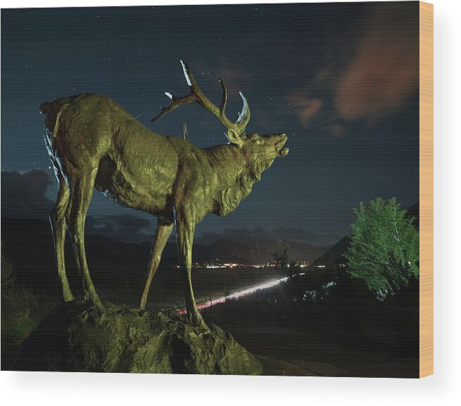 Bronze Elk Wood Print featuring the photograph Bronze Elk in Jackson Hole by Hal Mitzenmacher