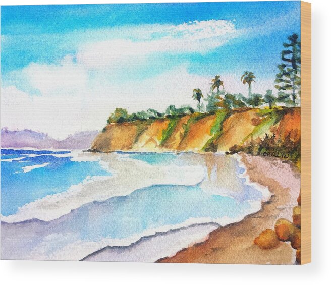 Ocean Wood Print featuring the painting Butterfly Beach Santa Barbara by Carlin Blahnik CarlinArtWatercolor