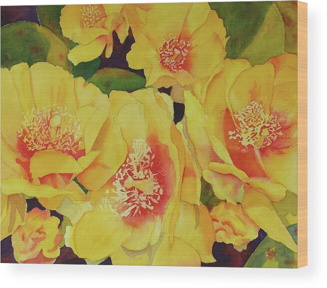 Yellow Wood Print featuring the painting Cactus Flowers by Judy Mercer
