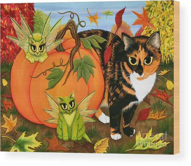 Fairy Cat Wood Print featuring the painting Calico's Mystical Pumpkin - Fairy Cats by Carrie Hawks