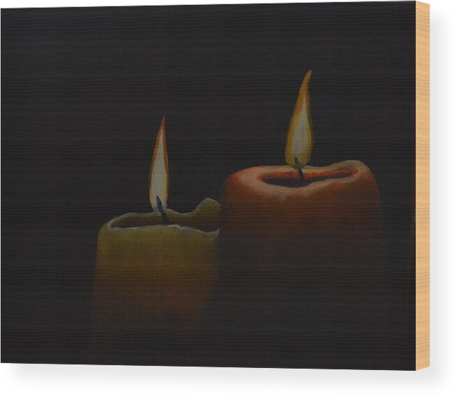 A Painting Of Two Candles With A Burning Flame. The Background Is Black. There Is A Small Yellow Candle Next To A Larger Orange Candle. Wood Print featuring the painting Candle Light by Martin Schmidt