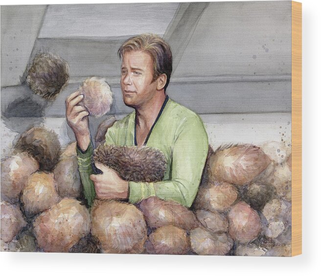 Star Trek Wood Print featuring the painting Captain Kirk and Tribbles by Olga Shvartsur