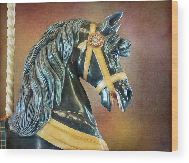 Port Dalhousie Wood Print featuring the photograph Carousel Black Stallion Head by Leslie Montgomery