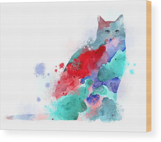 Cat Wood Print featuring the mixed media Cat 609 by Lucie Dumas