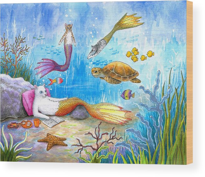 Cat Wood Print featuring the painting Cat Mermaid 31 by Lucie Dumas