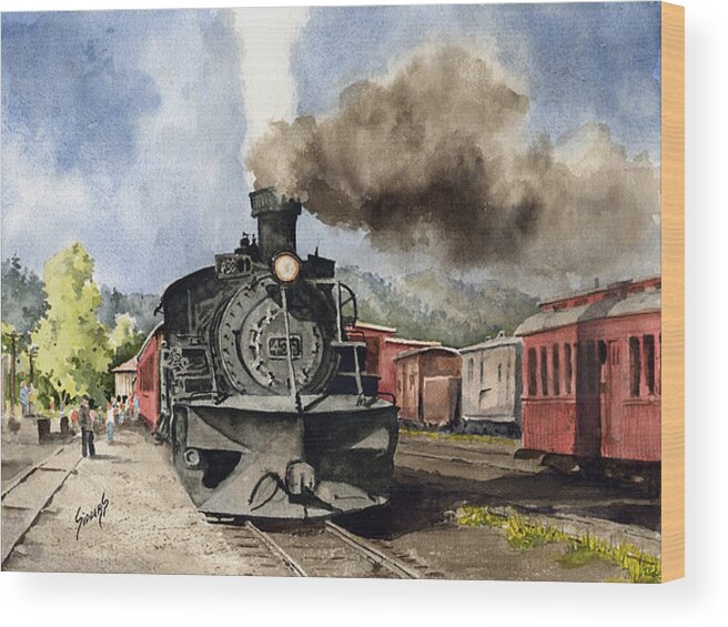 Train Wood Print featuring the painting Chama Arrival by Sam Sidders
