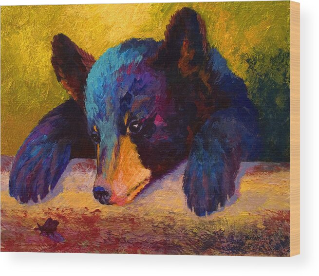 Bear Wood Print featuring the painting Chasing Bugs - Black Bear Cub by Marion Rose