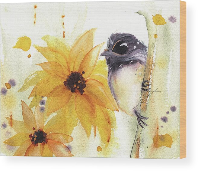 Watercolor Wood Print featuring the painting Chickadee and Sunflowers by Dawn Derman