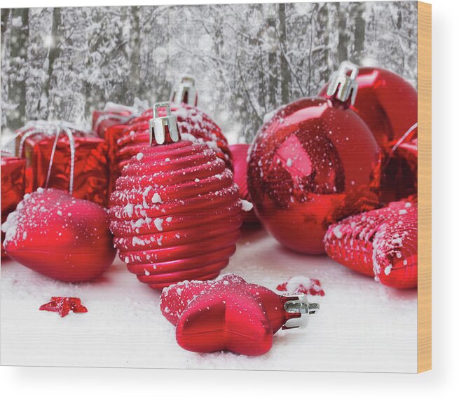 Christmas Wood Print featuring the photograph Christmas Balls in Snow by Anastasy Yarmolovich