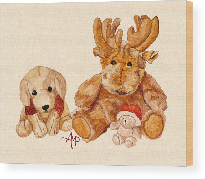 Cuddly Animals Wood Print featuring the painting Christmas Buddies II by Angeles M Pomata
