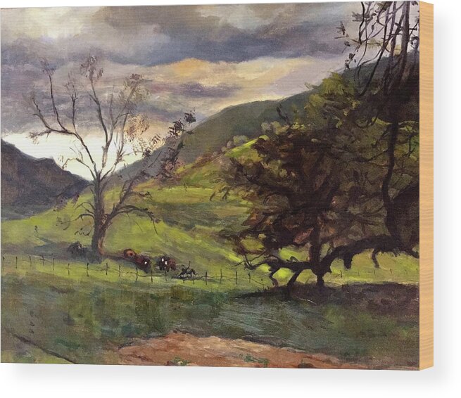 Cattle Gather Together As The Sky Darkens Wood Print featuring the painting Clouds and cattle by Joyce Snyder