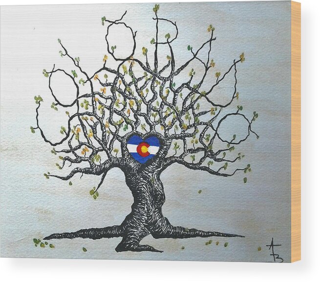 Colorado Wood Print featuring the drawing Colorado Flag Love Tree by Aaron Bombalicki
