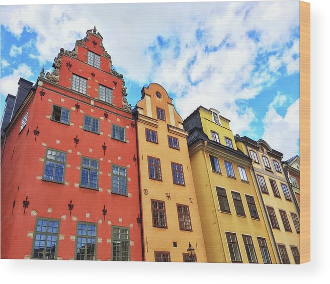 Stockholm Wood Print featuring the photograph Colorful buildings in Gamla Stan, Stockholm by GoodMood Art
