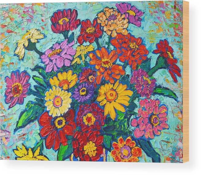 Flowers Wood Print featuring the painting Colorful Zinnias Bouquet Closeup by Ana Maria Edulescu