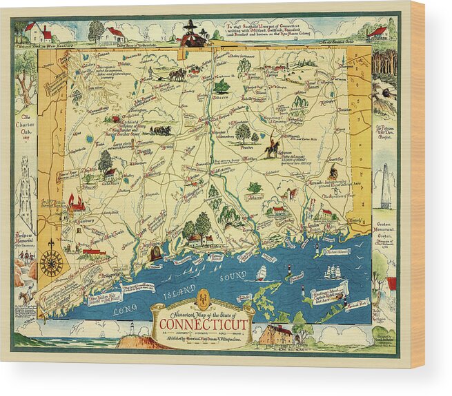 Map Wood Print featuring the photograph Connecticut 1930s Map with Historical Information by Phil Cardamone