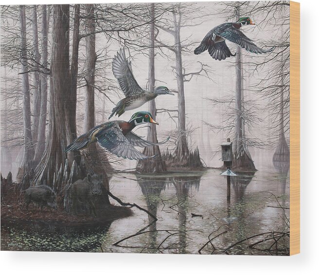 Duck Hunting Wood Print featuring the painting Cypress Bayou Neighbors by Glenn Pollard