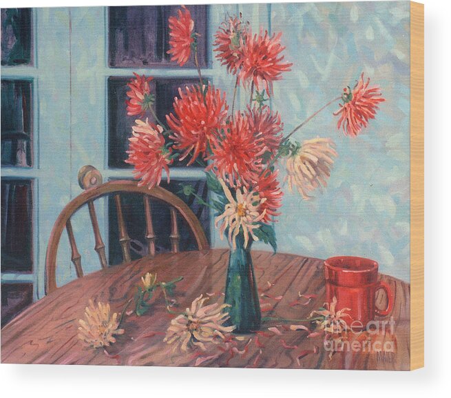 Still Life Wood Print featuring the painting Dahlias with Red Cup by Donald Maier