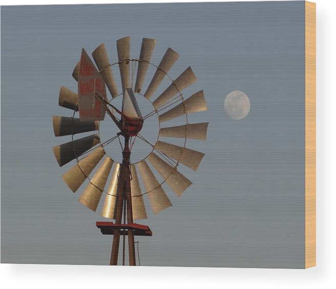 Windmill Wood Print featuring the photograph Dakota Windmill And Moon by Keith Stokes