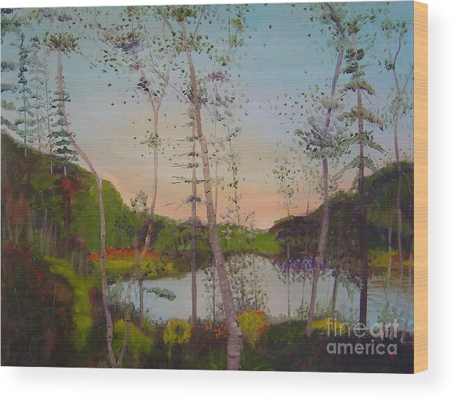 Landscape Wood Print featuring the painting Dawn by the Pond by Lilibeth Andre