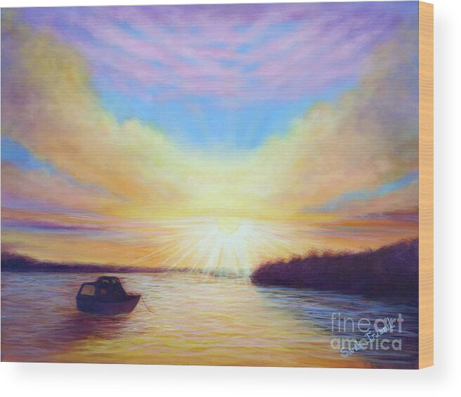 Dawn Wood Print featuring the painting Dawn on Pigeon Lake by Sarah Irland