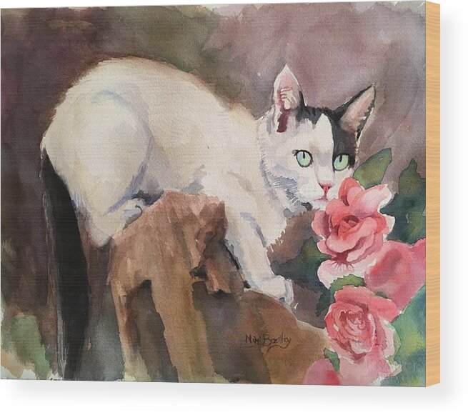 Cat Wood Print featuring the painting Deano in the roses by Mimi Boothby