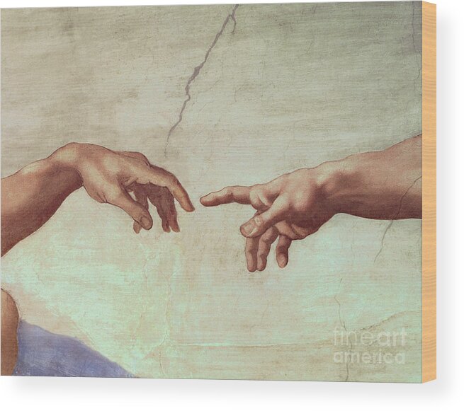 Hands Wood Print featuring the painting Detail from The Creation of Adam by Michelangelo