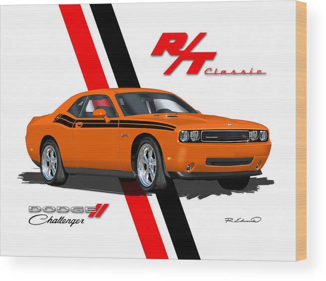Dodge Wood Print featuring the painting Dodge Challenger RT Classic - Orange by Alison Edwards