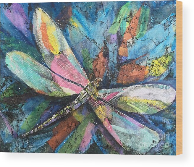 Multicolor Wood Print featuring the painting Dragonfly Voyager by Midge Pippel