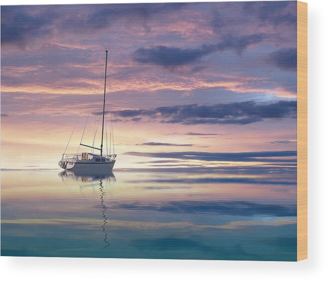 Ocean Sunset Wood Print featuring the photograph Drifting Yacht At Sunset by Gill Billington