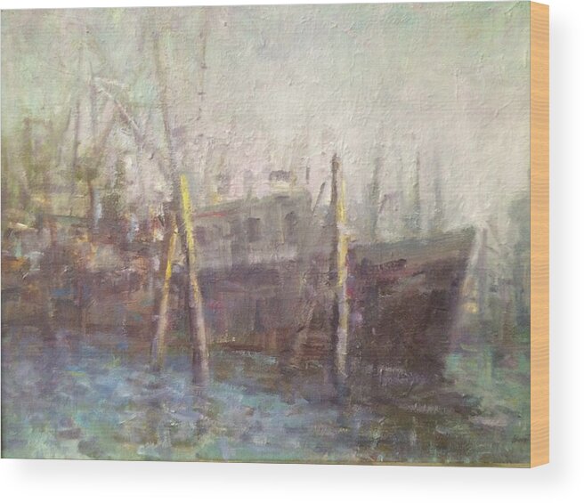  Boat Scene Wood Print featuring the painting Early morning fog. by Bart DeCeglie