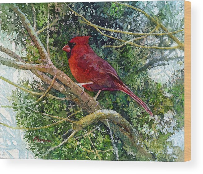 Cardinal Wood Print featuring the painting Elegance in Red by Hailey E Herrera