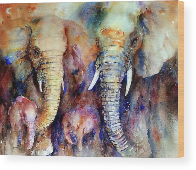 Elephants Wood Print featuring the painting Elephant Family by Arti Chauhan