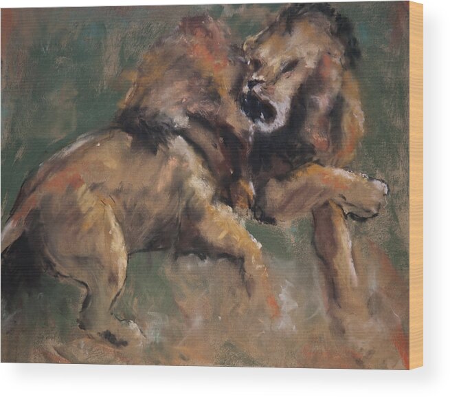 Lions Wood Print featuring the pastel 'Establishing Position' by Jim Fronapfel