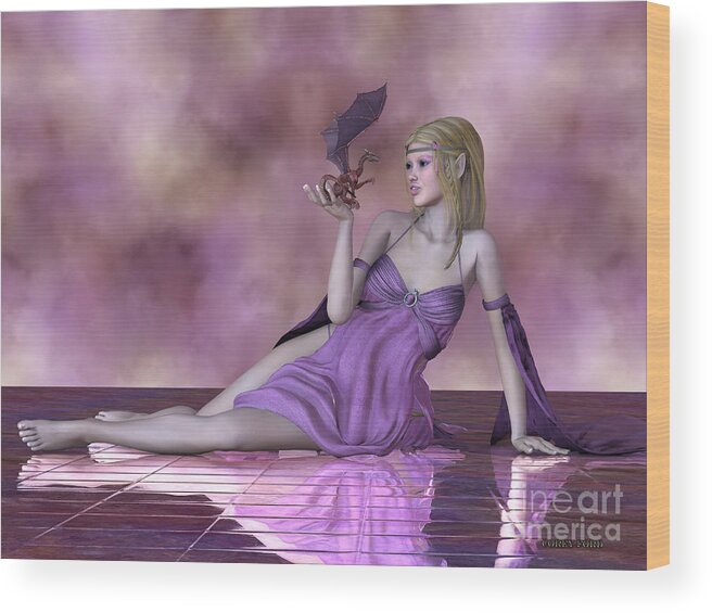 Fairy Wood Print featuring the painting Fairy and Tiny Dragon by Corey Ford