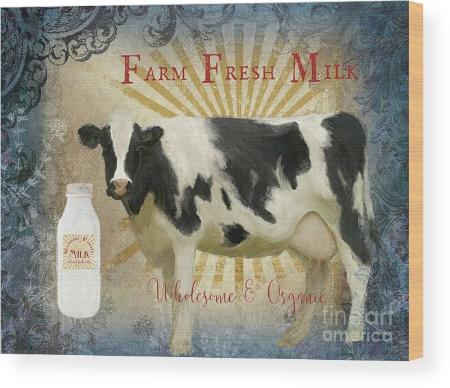 Farm Fresh Wood Print featuring the painting Farm Fresh Milk Vintage Style Typography Country Chic by Audrey Jeanne Roberts