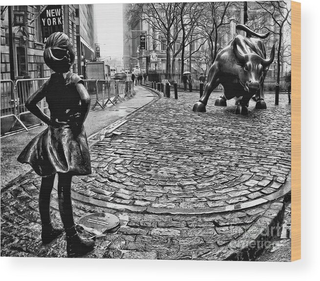 Fearless Girl Statue Wood Print featuring the photograph Fearless Girl and Wall Street Bull Statues 3 BW by Nishanth Gopinathan