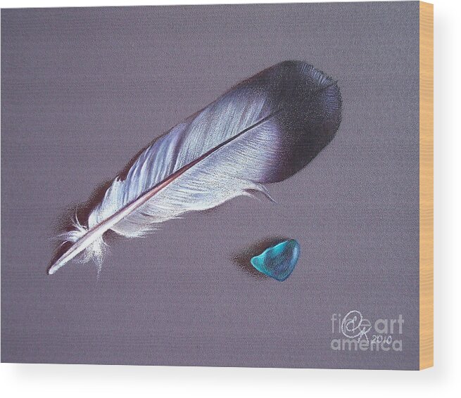 Feather Wood Print featuring the drawing Feather and sea glass 1 by Elena Kolotusha