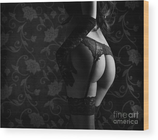 Woman Wood Print featuring the photograph Female lingerie Black and white by Jelena Jovanovic
