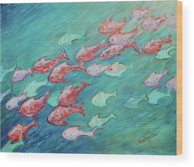 Fish In Abundance Wood Print featuring the painting Fish in Abundance by Xueling Zou