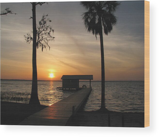 Landscape Wood Print featuring the photograph Fishing Pier at Dusk by Peggy Urban