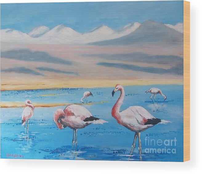 Flamingos Wood Print featuring the painting Flamingos by Jean Pierre Bergoeing