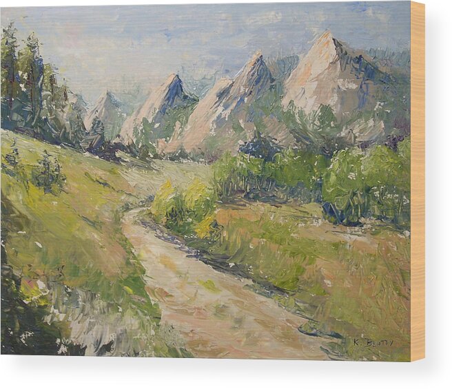 Oil Painting Wood Print featuring the painting Flatirons in the Rockies by Karla Beatty