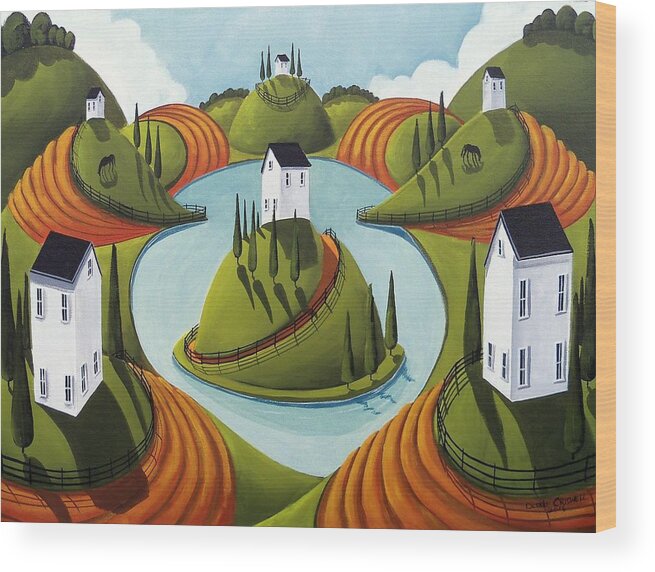 Surreal Wood Print featuring the painting Floating Hill - surreal country landscape by Debbie Criswell