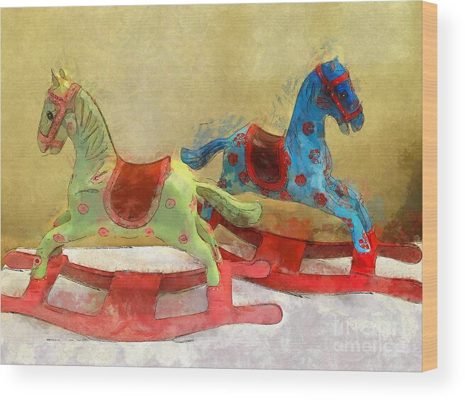Horse Wood Print featuring the digital art Floral Rocking Horses by Claire Bull