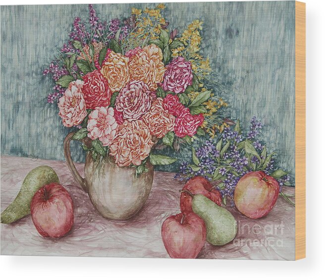 Flowers Wood Print featuring the painting Flowers and Fruit Arrangement by Kim Tran
