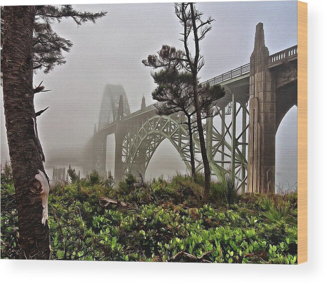 Thom Zehrfeld Wood Print featuring the photograph A Foggy Morning On Yaquina Bay by Thom Zehrfeld